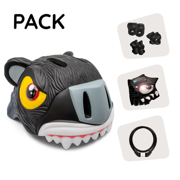 Product bundle: Black panther bicycle helmet, protective gear, lock, and cycling gloves for kids