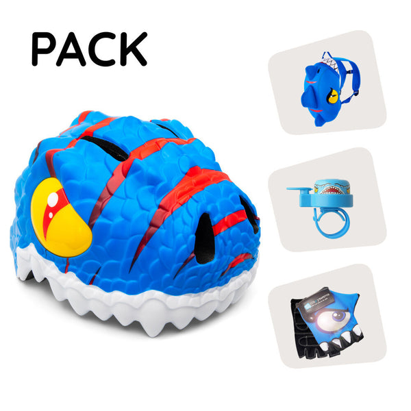 Product bundle: Blue dino bike helmet, backpack, cycling gloves & bell for children