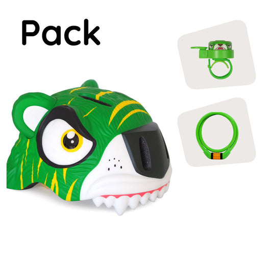 Product bundle: Green tiger bike helmet, lock, and tiger bell for children