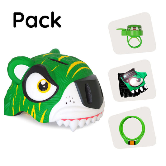 Pacchetto prodotto: Casco da bici verde con tigre, guanti da ciclismo, lucchetto e campanello con tigre per bambini