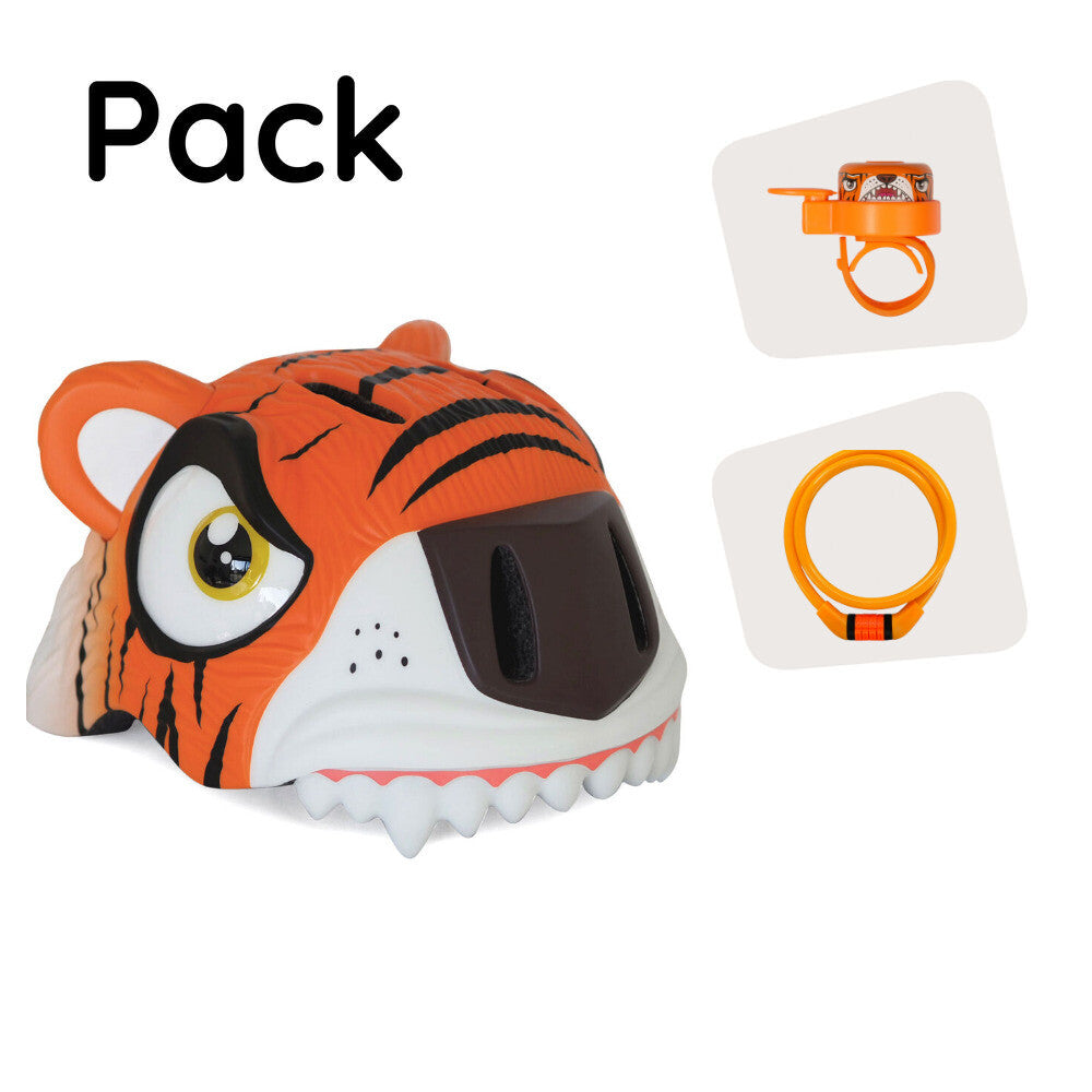 Product bundle: Orange Tiger Bicycle Helmet, Lock and Tiger Bell for Children