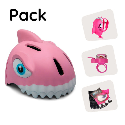 Pacchetto prodotto: Casco da bicicletta Shark Rosa, Zaino Shark, Guanti da ciclismo Shark e Campanello Shark per bambini