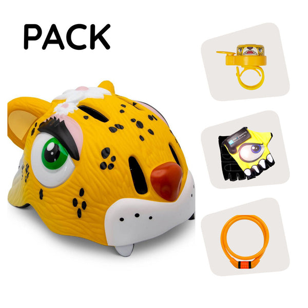 Product bundle: Yellow leopard bicycle helmet, cycling gloves, lock, and leopard ring bell for children