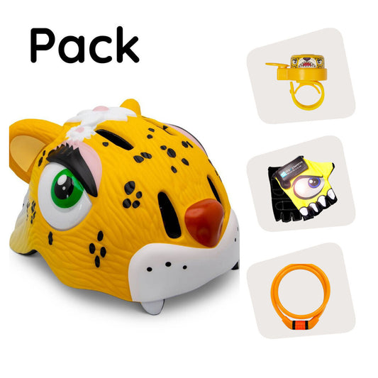 Pacchetto prodotto: Casco da bici leopardo giallo, guanti da ciclismo, lucchetto e campanello a forma di leopardo per bambini