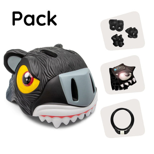 Crazy Safety Bicycle helmet Product bundle: Black panther bicycle helmet, protective gear, lock, and cycling gloves for kids